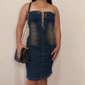 Thrifted Denim Dress with Suede Lace Up